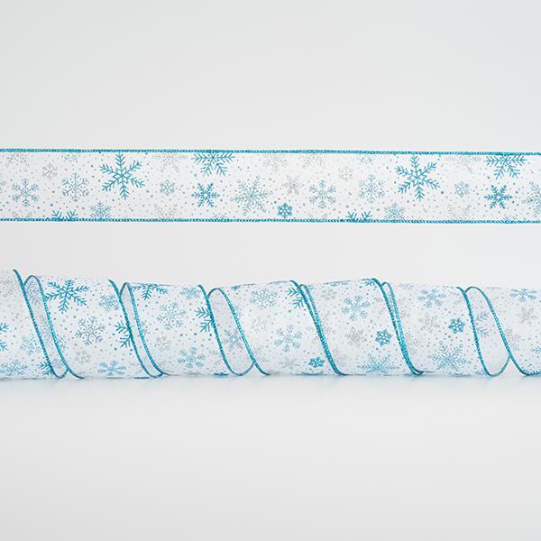 CINTA BLANCA, CON COPOS DE NIEVE PLATA Y AZUL, 6,35cm, 10A