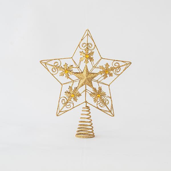TOP ÁRBOL DE ALAMBRE, DORADO, ESTRELLA CON DISEÑOS, 30x25cm