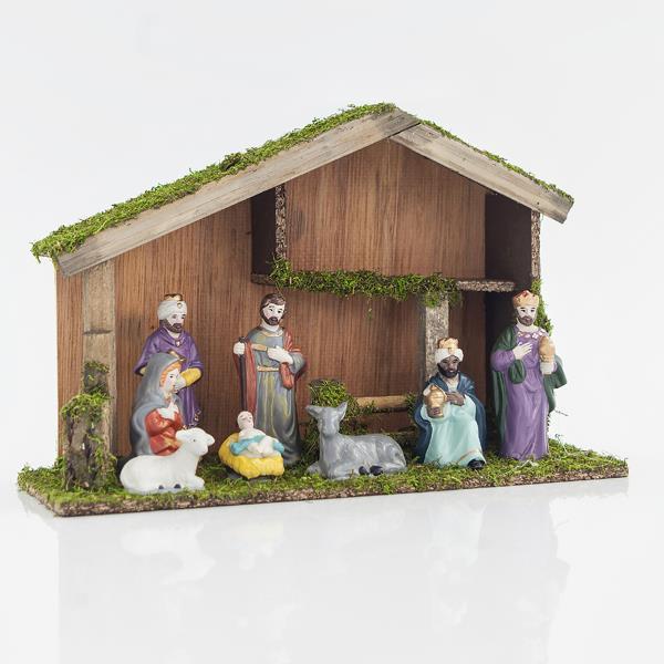 PESEBRE DE MADERA CON 8 FIGURAS DE PORCELANA, 35x13x23cm