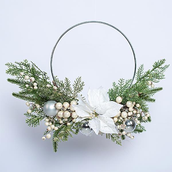 CORONILLA CON ARO DE PLATA, FLOR, BOLAS Y DECORATIVOS, 50cm