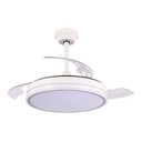 VENTILADOR DECORATIVO BLANCO-NIQUEL CON ASPAS RETRÁCTILES, LUZ LED Y CONTROL REMOTO Ø107 MOTOR DC 32W