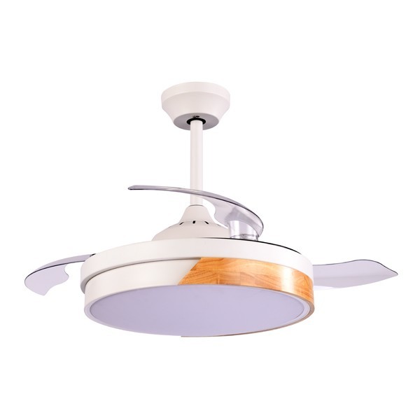 VENTILADOR DECORATIVO CON ASPAS RETRÁCTILES, ALTAVOZ BLUETOOTH, LUZ LED Y MANDO A DISTANCIA MOTOR 32W DC