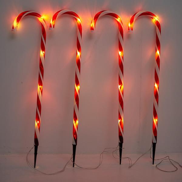 LÍNEA, 4 CARAMELOS DE PLÁSTICO ROJOS Y BLANCOS 70cm, Φ2.5cm, PANEL SOLAR CON SENSOR DE LUZ, 8 M/F, 40 LED BLANCO CÁLIDO, POR 50cm, CABLE DE CONDUCCIÓN 1.5m, IP44