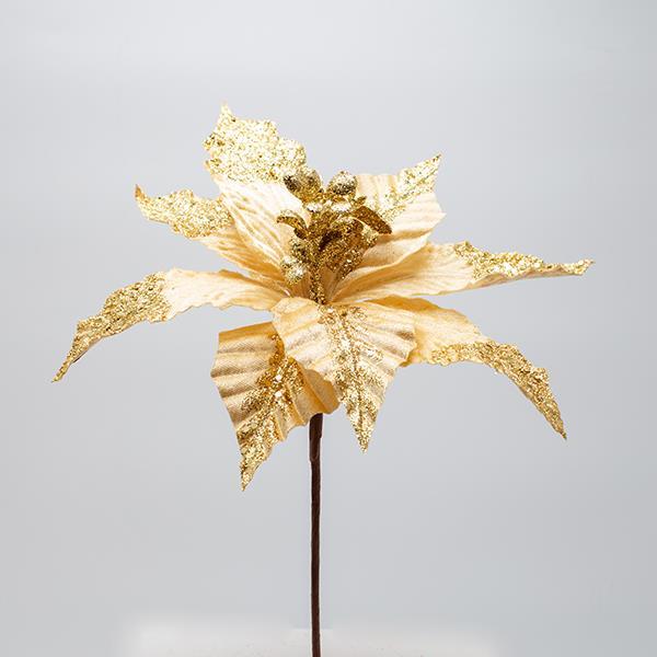 FLOR DE POINSETTI, DORADA, CON BRILLO EN LA MITAD DE LA HOJA, 26x20cm
