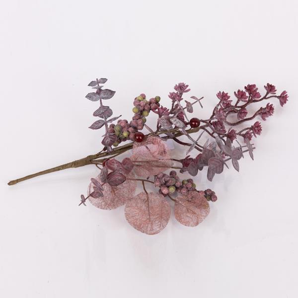 RAMITA CON BAYAS BORGOÑA Y DECORACIONES ROSA POLVO, 43 cm