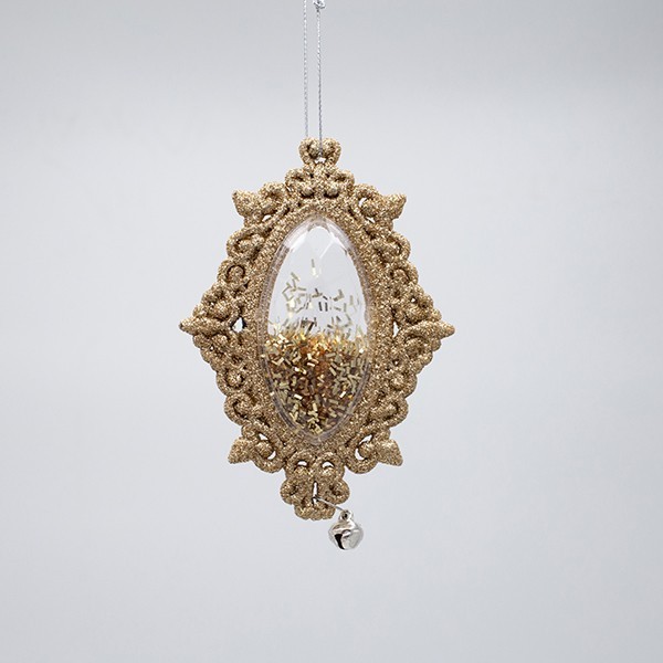 ADORNO COLGANTE, VINTAGE, BRILLO DE CHAMPÁN CON CAMPANILLAS, 13x8x1,5cm