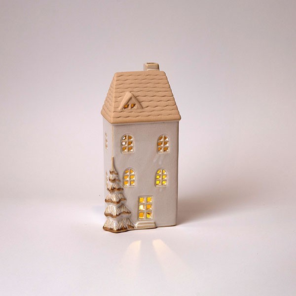 CASA DE CERÁMICA, ILUMINADA, BLANCO, 9,4x8x19,5cm