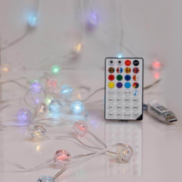 LÍNEA, 100 MINI LED, CRACK BALLS 2cm, USB, CONTROLADO POR APP, CONTROL REMOTO, CABLE DE COBRE PLANO TRANSPARENTE, LED RGB, POR 15cm, CABLE DE CONDUCCIÓN 3m, IP20 (paquete en rollo)