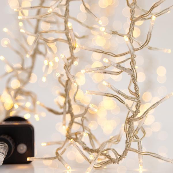 CLUSTER PRO 5,5 m, 588 LED 3 mm, adaptador de 31 V y 7,2 W, 8 conectores macho/hembra y memoria, cable de PVC transparente, LED blanco cálido, cable de 3 m, IP44