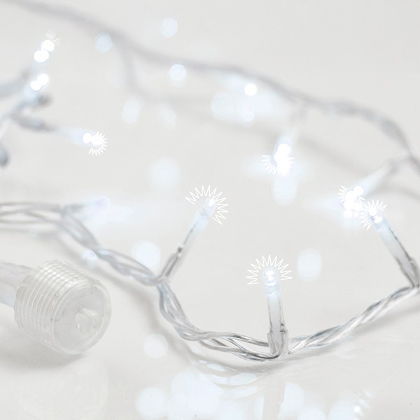LÍNEA, 300 LED FLASH 5 mm, ADAPTADOR 31 V, 4 CONECTORES HASTA 3 JUEGOS, CABLE PVC TRANSPARENTE, LED BLANCO, POR 10 cm, CABLE CONDUCTOR 3 m, IP44
