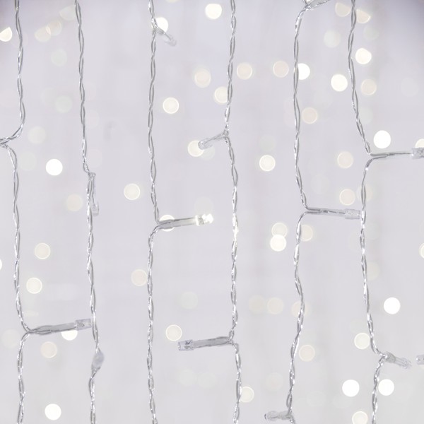 CORTINA, 500 LED FLASH 5mm, ADAPTADOR 31V, 4 CONECTORES HASTA 3 JUEGOS, CABLE PVC TRANSPARENTE, LED BLANCO, 300x250cm, CABLE 3m, IP44