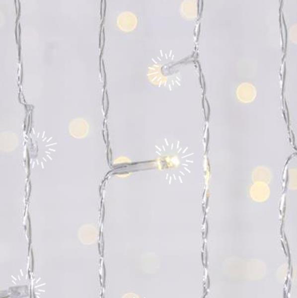 CORTINA, 500 LED FLASH 5mm, ADAPTADOR 31V, 4 CONECTORES HASTA 3 JUEGOS, CABLE PVC TRANSPARENTE, LED BLANCO CÁLIDO (Alto 250 x Ancho 300cm, 20 LÍNEAS x 25 LED), CABLE 3m, IP44