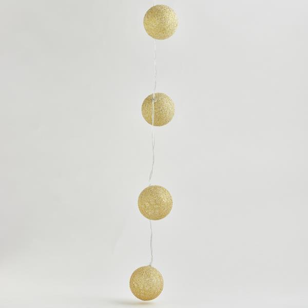 LÍNEA, 10 LED 5mm, CON BOLAS DE ALGODÓN DORADAS 6cm, CAJA DE PILAS 2xAA, TEMPORIZADOR, CABLE PVC TRANSPARENTE, LED BLANCO CÁLIDO, POR 15cm, CABLE 30cm, IP20