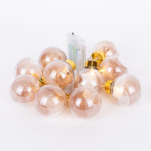 LÍNEA 10 BOLAS DECORATIVAS LED CON TELA ORO ROSA, CAJA DE PILAS 3XAA, TEMPORIZADOR, LED BLANCO CÁLIDO, POR 15 cm, CABLE DE PVC TRANSPARENTE, CABLE DE PLOMO 30 cm, IP20