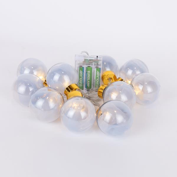 LÍNEA 10 BOLAS DECORATIVAS LED CON TELA PLATEADA, CAJA DE PILAS 3XAA, TEMPORIZADOR, LED BLANCO CÁLIDO, CABLE DE PVC TRANSPARENTE, CABLE DE PLOMO 30cm, IP20