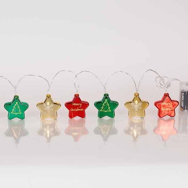 LÍNEA, 10 LED 5mm, CON ESTRELLAS DE PLÁSTICO DE COLORES, CAJA DE PILAS 3xAA, TEMPORIZADOR, CABLE DE PVC TRANSPARENTE, LED BLANCO CÁLIDO, POR 10cm, CABLE DE CONDUCCIÓN 30cm, IP20