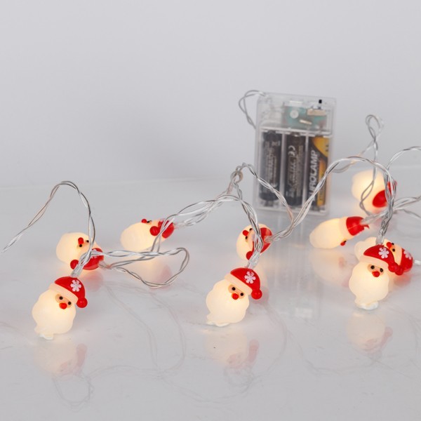 LÍNEA, 10 LED 5 mm, PAPEL NOEL, CAJA DE PILAS 3xAA, TEMPORIZADOR, CABLE PVC TRANSPARENTE, LED BLANCO CÁLIDO, POR 15 cm, CABLE 30 cm, IP20
