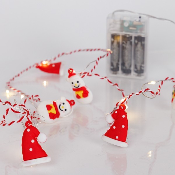 LÍNEA, 20 MINI LED, SOMBRERO Y MUÑECO DE NIEVE, CAJA DE PILAS 3xAA, TEMPORIZADOR, CABLE ROJO Y BLANCO PLATEADO, LED BLANCO CÁLIDO, POR 10 cm, CABLE DE CONDUCCIÓN 30 cm, IP20