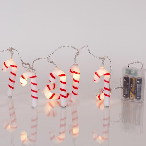 LÍNEA, 10 LED 5 mm, CARAMELO ROJO Y BLANCO, CAJA DE PILAS 3xAA, TEMPORIZADOR, CABLE DE PVC TRANSPARENTE, LED BLANCO CÁLIDO, POR 15 cm, CABLE DE CONDUCCIÓN 30 cm, IP20