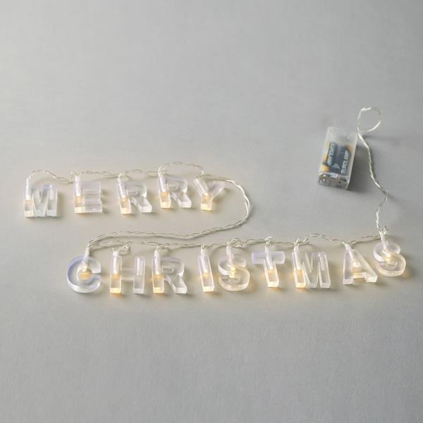LÍNEA, 14 LED 5 mm, 'FELIZ NAVIDAD', LETRAS TRANSPARENTES, CAJA DE PILAS 2xAA, TEMPORIZADOR, CABLE DE PVC TRANSPARENTE, LED BLANCO CÁLIDO, POR 8 cm, CABLE DE CONDUCCIÓN 30 cm, IP20
