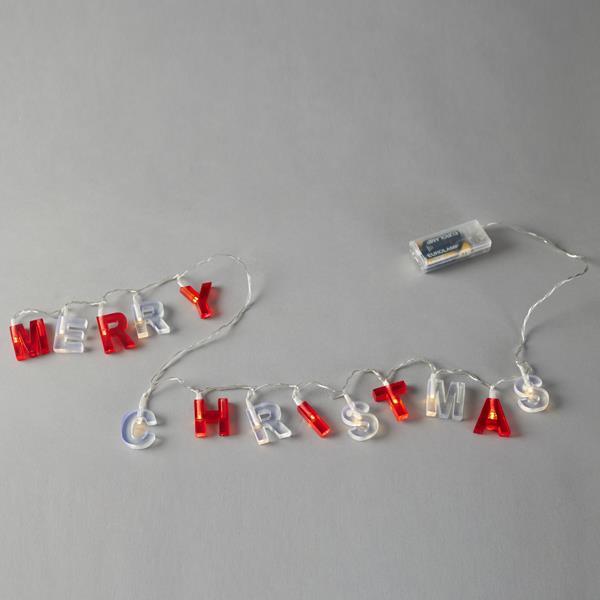 LÍNEA, 14 LED 5 mm, 'FELIZ NAVIDAD', LETRAS ROJAS Y BLANCAS, CAJA DE PILAS 2xAA, TEMPORIZADOR, CABLE DE PVC TRANSPARENTE, LED BLANCO CÁLIDO, POR 8 cm, CABLE DE CONDUCCIÓN 30 cm, IP20