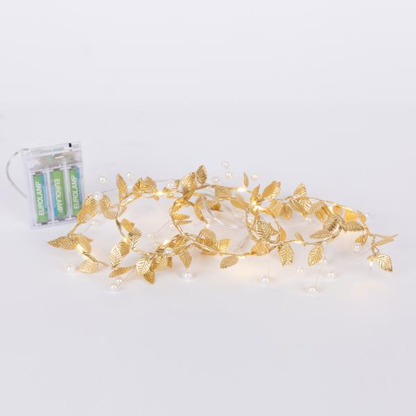 LÍNEA 15 MINI LED CON HOJAS DECORATIVAS Y PERLA, CAJA DE PILAS 3XAA, TEMPORIZADOR, LED BLANCO CÁLIDO, CABLE DE COBRE PLATEADO, CABLE DE PLOMO 30cm, IP20