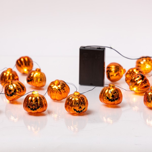 LÍNEA, 20 MINI LED, CALABAZAS DE HALLOWEEN NARANJAS, CAJA DE PILAS 3xAA, TEMPORIZADOR, CABLE DE COBRE NEGRO, LED BLANCO CÁLIDO, POR 10 cm, CABLE DE CONDUCCIÓN 30 cm, IP20