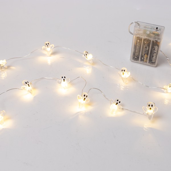 LÍNEA, 20 MINI LED, FANTASMAS, CAJA DE PILAS 3xAA, TEMPORIZADOR, CABLE DE COBRE PLATEADO, LED BLANCO CÁLIDO, POR 10cm, CABLE DE CONDUCCIÓN 30cm, IP20