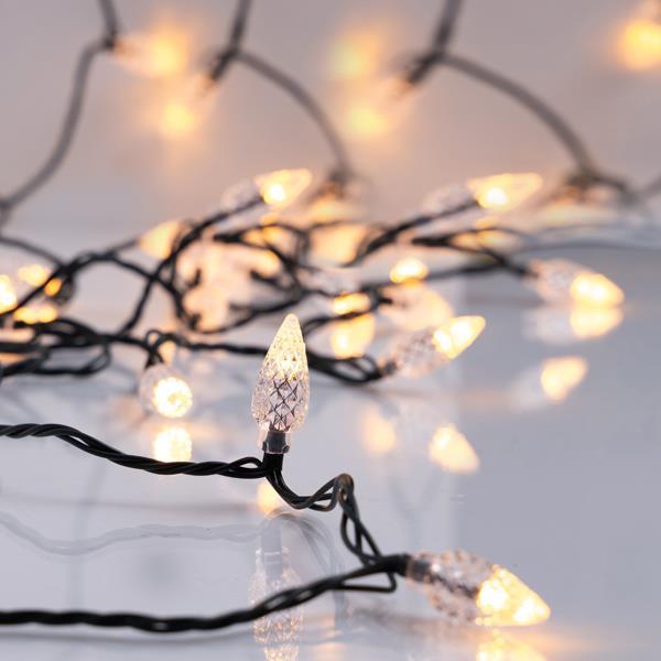 LÍNEA, 100 LED 5 mm, CON DIAMANTES TRANSPARENTES 3 cm, ADAPTADOR 31 V, FIJO, CABLE PVC VERDE, LED BLANCO CÁLIDO, POR 10 cm, CABLE CONDUCTOR 3 m, IP44