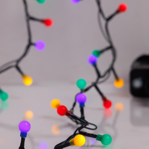 LÍNEA, 100 LED 3 mm, BOLAS DE COLORES 0,9 cm, ADAPTADOR 31 V, 8 M/F Y MEMORIA, CABLE PVC VERDE, MULTILED, POR 3 cm, CABLE CONDUCTOR 3 m, IP44