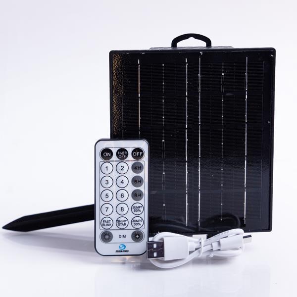 PANEL SOLAR 31V/2.5W CON SENSOR DE LUZ 122*140mm, 3.7V 1800MAH*2, 12 M/F Y TEMPORIZADOR, MEMORIA Y DIMMER, CONTROL REMOTO, IP44