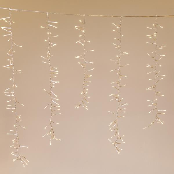 GRUPO DE CARÁMBANOS, 480 LED de 3 mm, ADAPTADOR DE 36 V, 8 M/H, 4 CONECTORES (HASTA 3 JUEGOS), CABLE DE PVC TRANSPARENTE, LED BLANCO CÁLIDO (Alto 100 x Ancho 200 cm, 30/40/50/50/40/30), CABLE DE CONDUCCIÓN DE 3 m, IP44