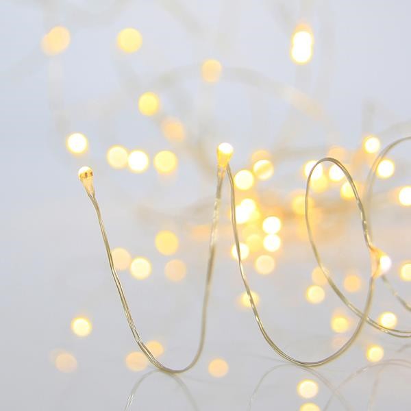 MINI LED LÍNEA 100, ADAPTADOR DE 4,5 V, 8 M/H, CABLE DE COBRE PLATEADO, LED BLANCO CÁLIDO, POR 10 cm, CABLE DE CONDUCCIÓN 5 m, IP44