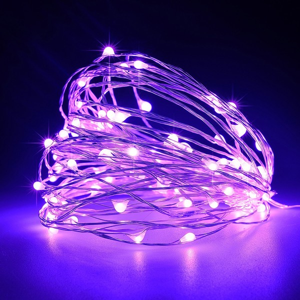 MINI LED LÍNEA 100, ADAPTADOR DE 4,5 V, FIJO, CABLE DE COBRE PLATEADO, LED MORADO, POR 10 cm, CABLE DE CONDUCCIÓN 5 m, IP44
