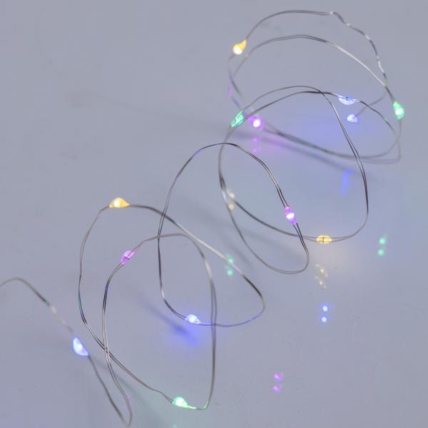  LÍNEA, 20 MINI LED, CAJA DE PILAS 2XAA, TEMPORIZADOR, CABLE DE COBRE PLATEADO, LED MULTI-ÓPALO, POR 10 cm, CABLE DE CONDUCCIÓN DE 10 cm, IP20, CAJA DE EXPOSICIÓN (24 UDS.)
