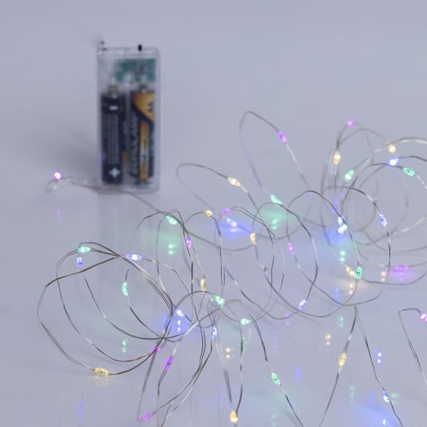  LÍNEA, 50 MINI LED, CAJA DE PILAS 2XAA, TEMPORIZADOR, CABLE DE COBRE PLATEADO, LED MULTI-ÓPALO, POR 10 cm, CABLE DE CONDUCCIÓN DE 10 cm, IP20, CAJA DE EXPOSICIÓN (24 UDS.)