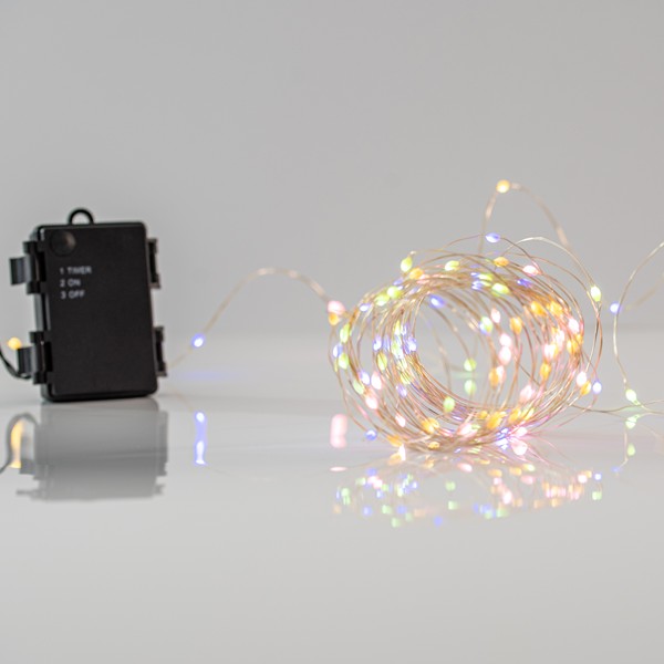 LÍNEA, 50 MINI LED, CAJA DE PILAS 3xAA, 11 M/F Y MEMORIA, TEMPORIZADOR, CABLE DE COBRE PLATEADO, LED ÓPALO MULTI-BLANCO CÁLIDO, POR 10 cm, CABLE DE CONDUCCIÓN 10 cm, IP44