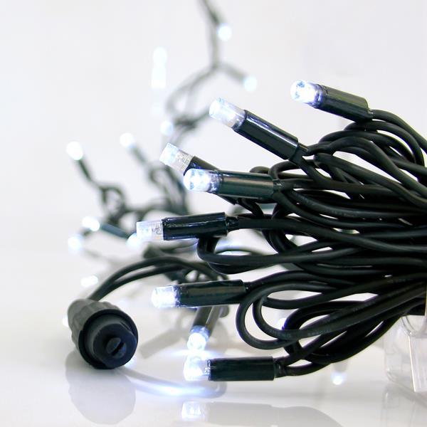 LÍNEA, 100 LED 5 mm CON COPAS, 230 V, 3 CONECTORES HASTA 9 JUEGOS, CABLE DE GOMA VERDE, LED BLANCO, POR 10 cm, CABLE CONDUCTOR 1,5 m, IP65