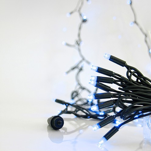 LÍNEA, 100 LED 5 mm CON COPAS, 220 V, 3 CONECTORES HASTA 9 JUEGOS, CABLE DE GOMA VERDE, LED AZUL, POR 10 cm, CABLE CONDUCTOR 1,5 m, IP65