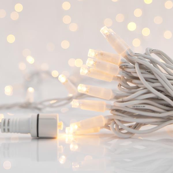 LÍNEA, 100 LED 5 mm, 230 V, 3 conectores hasta 9 unidades, cable de goma blanco, LED blanco cálido, cada 10 cm, cable de 1,5 m, IP65