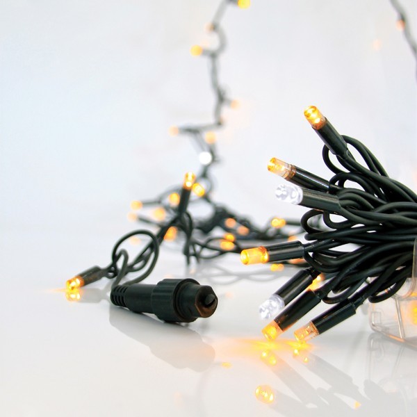 LÍNEA, 100 LED 5 mm CON COPAS, 230 V, 3 CONECTORES HASTA 9 JUEGOS, CABLE DE GOMA VERDE, BLANCO CÁLIDO + 10 LED BLANCOS DE DESTELLO, POR 10 cm, IP65 (SIN ENCHUFE, SIN CABLE)