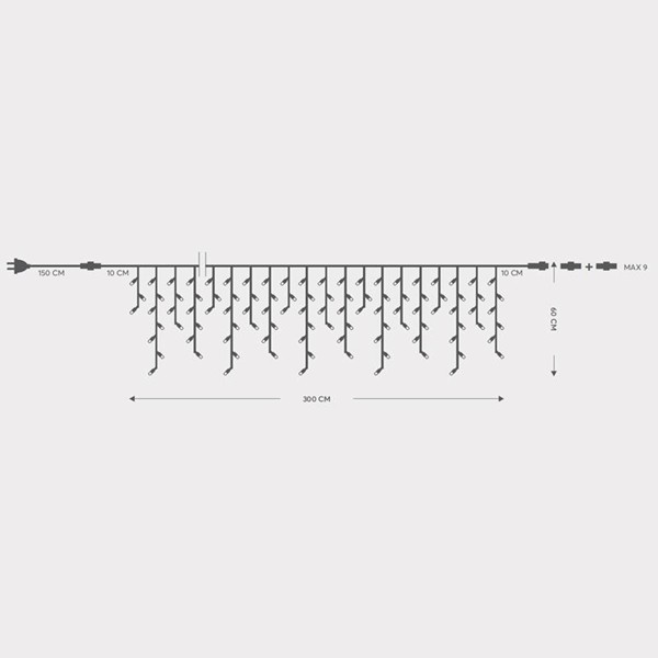 CARÁMBANO, 144 LED 5 mm CON COPAS, 230 V, 3 CONECTORES HASTA 8 JUEGOS, CABLE DE GOMA VERDE, LED BLANCO (Alto 60 x Ancho 300 cm, 5/7/5/7), CABLE CONDUCTOR 1,5 m, IP65