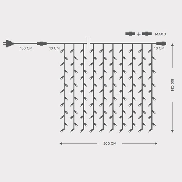 CORTINA, 200 LED 5 mm CON COPAS, 230 V, 3 CONECTORES HASTA 5 JUEGOS, CABLE DE GOMA VERDE, LED BLANCO CÁLIDO, (Alto 100 x Ancho 200 cm, 20 LÍNEAS x 10 LED), CABLE DE CONDUCCIÓN 1,5 m, IP65