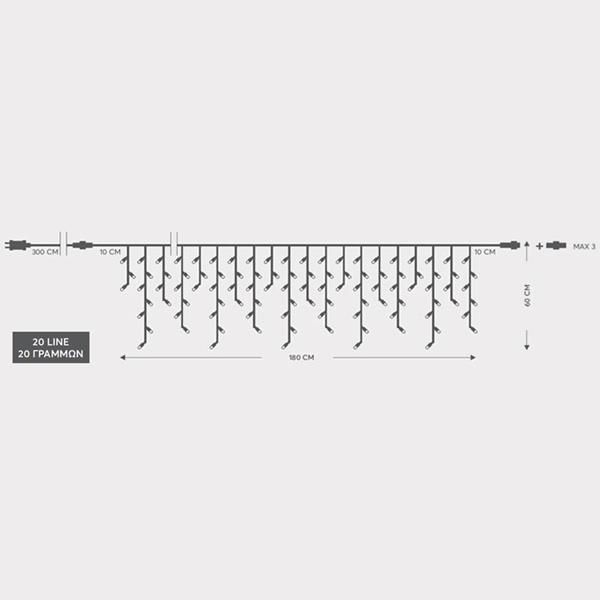 CARÁMBANO, 100 LED 3 mm, ADAPTADOR 31 V, CONECTOR HASTA 3, CABLE TRANSPARENTE, LED BLANCO CÁLIDO (Alto 60 x Ancho 180 cm, 3/7/4/6), CABLE 3 m, IP44