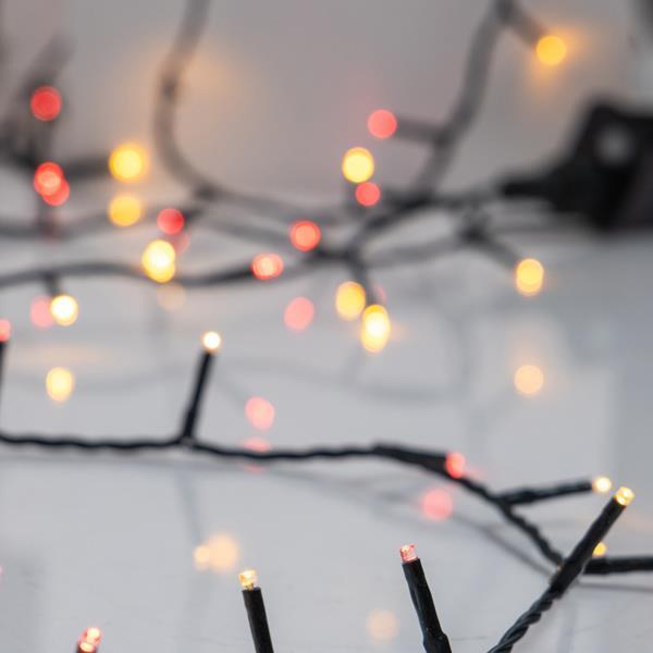 LÍNEA, 240 LED 3 mm, ADAPTADOR 31 V, 8 M/F Y MEMORIA, CABLE PVC VERDE, ROJO Y BLANCO CÁLIDO (UNO A UNO), LED CADA 5 cm, CABLE CONDUCTOR 3 m, IP44