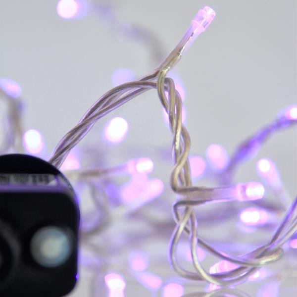 LÍNEA, 240 LED 3 mm, ADAPTADOR 31 V, 8 M/F Y MEMORIA, CABLE PVC TRANSPARENTE, LED MORADO CADA 5 cm, CABLE CONDUCTOR 3 m, IP44
