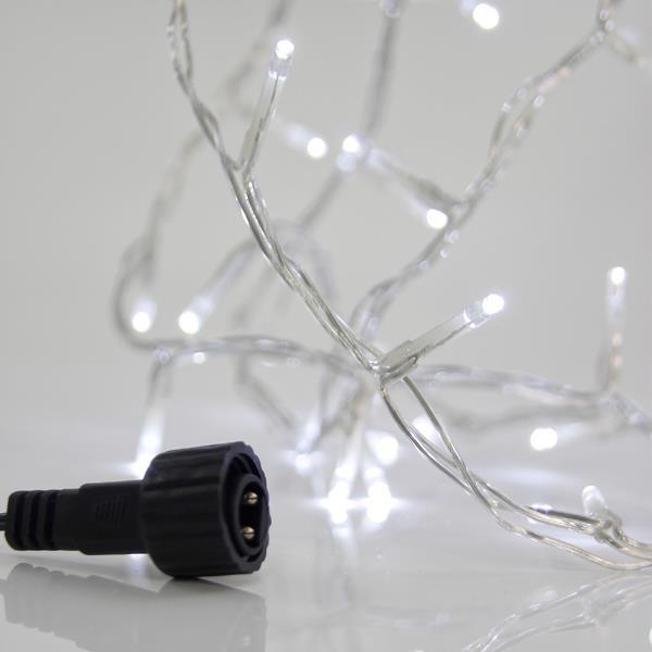 LÍNEA, 100 LED 3 mm, ADAPTADOR 31 V, 4 CONECTORES HASTA 3 JUEGOS, CABLE PVC TRANSPARENTE, LED BLANCO, POR 5 cm, CABLE CONDUCTOR 3 m, IP44