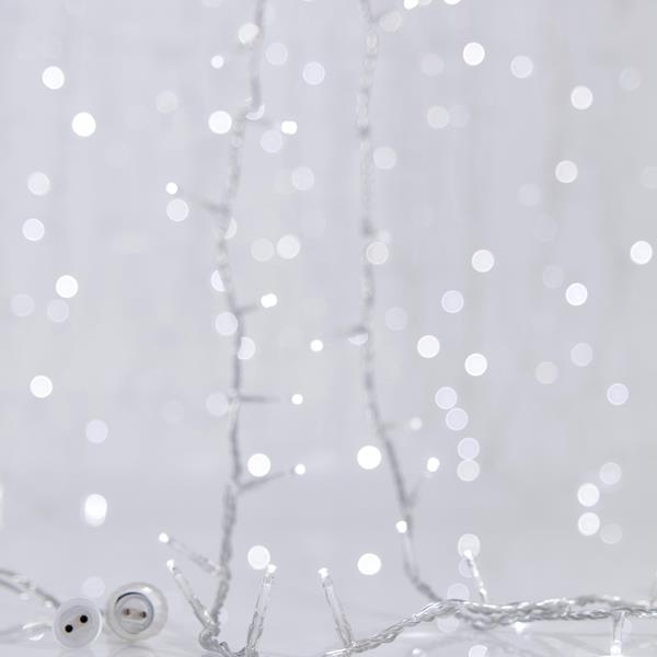 CORTINA, 360 LED 3 mm, ADAPTADOR 31 V, 4 CONECTORES HASTA 3 JUEGOS, CABLE DE PVC TRANSPARENTE, LED BLANCO (Alto 200 x Ancho 200 cm, 20 LÍNEAS x 18 LED), CABLE DE CONDUCCIÓN 3 m, IP44