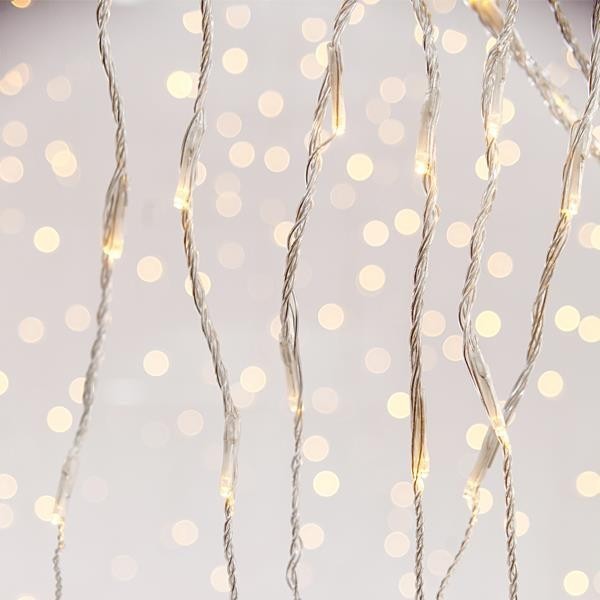 Cortina, 240 LED 3 mm, adaptador 31 V, función de nieve y memoria, cable de PVC transparente, LED blanco cálido (200 x 100 cm), cable de 3 m, IP44