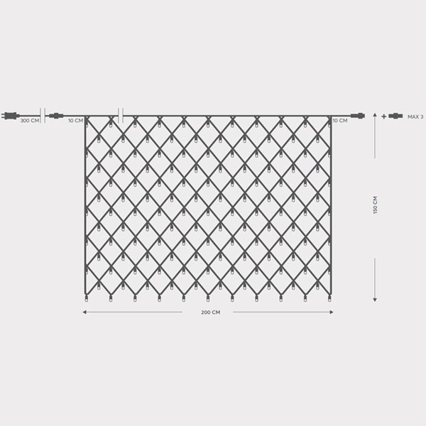 NETM, 240 LED 3 mm, adaptador de 36 V, 4 conectores (hasta 3 unidades), cable de PVC verde, LED blanco, 200 x 150 cm, cable de 3 m, IP44
